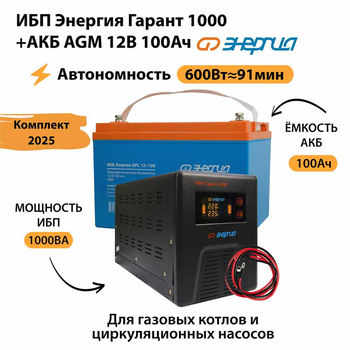 ИБП для котла Энергия Гарант 1000 + Аккумулятор 100 Ач 12 В (600Вт - 91мин) - ИБП и АКБ - ИБП для котлов - . Магазин оборудования для автономного и резервного электропитания Ekosolar.ru в Димитровграде