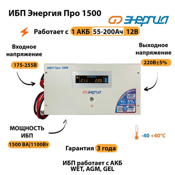 Энергия ИБП Про 1500 12В - ИБП и АКБ - ИБП для котлов - . Магазин оборудования для автономного и резервного электропитания Ekosolar.ru в Димитровграде