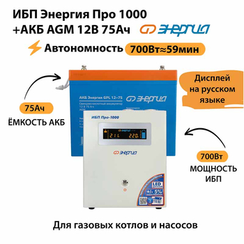 ИБП для котла Энергия Про 1000 + Аккумулятор 75 Ач 12 В (700Вт - 59мин) - ИБП и АКБ - ИБП для котлов - . Магазин оборудования для автономного и резервного электропитания Ekosolar.ru в Димитровграде