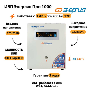 Энергия ИБП Про 1000 12В - ИБП и АКБ - ИБП для котлов - . Магазин оборудования для автономного и резервного электропитания Ekosolar.ru в Димитровграде