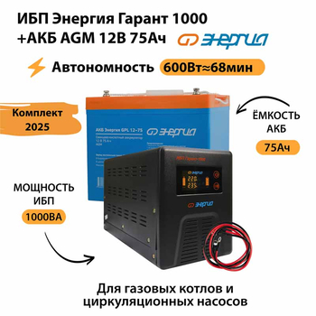 ИБП для котла Энергия Гарант 1000 + Аккумулятор 75 Ач 12 В (600Вт - 68мин) - ИБП и АКБ - ИБП для котлов - . Магазин оборудования для автономного и резервного электропитания Ekosolar.ru в Димитровграде