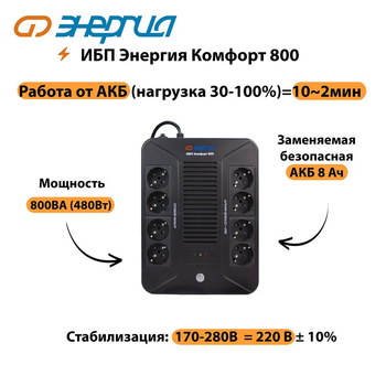 ИБП Комфорт 800 Энергия - ИБП и АКБ - ИБП для компьютера - . Магазин оборудования для автономного и резервного электропитания Ekosolar.ru в Димитровграде