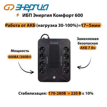 ИБП Комфорт 600 Энергия - ИБП и АКБ - ИБП для компьютера - . Магазин оборудования для автономного и резервного электропитания Ekosolar.ru в Димитровграде