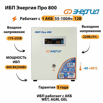 Энергия ИБП Про 800 12В - ИБП и АКБ - ИБП для котлов - . Магазин оборудования для автономного и резервного электропитания Ekosolar.ru в Димитровграде
