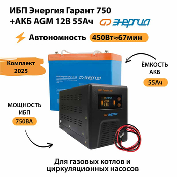 ИБП для котла Энергия Гарант 750 + Аккумулятор 55 Ач 12 В (450Вт - 67мин) - ИБП и АКБ - ИБП для котлов - . Магазин оборудования для автономного и резервного электропитания Ekosolar.ru в Димитровграде