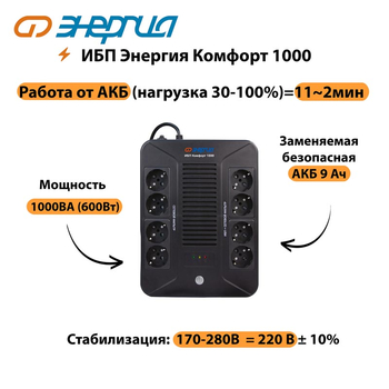 ИБП Комфорт 1000 Энергия - ИБП и АКБ - ИБП для компьютера - . Магазин оборудования для автономного и резервного электропитания Ekosolar.ru в Димитровграде